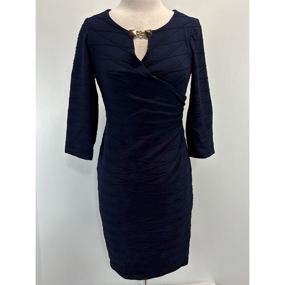 Joseph Ribkoff Ruched Sheath Dress Womens 8 Navy Textured Classic Career Stretch